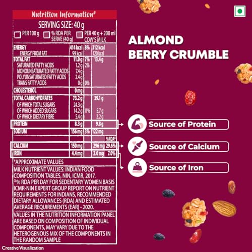 Image of Kellogg's Crunchy Almond Berry Crumble Granola 450g | 12-In-1 Power Breakfast | No Maida, No Palm Oil | Source of Protein & Fibre | Baked Multigrain Clusters (Pack of 2)