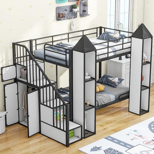 Harper & Bright Designs Twin Over Twin Metal Bunk Bed with Stairs and Storage Wardrobe...