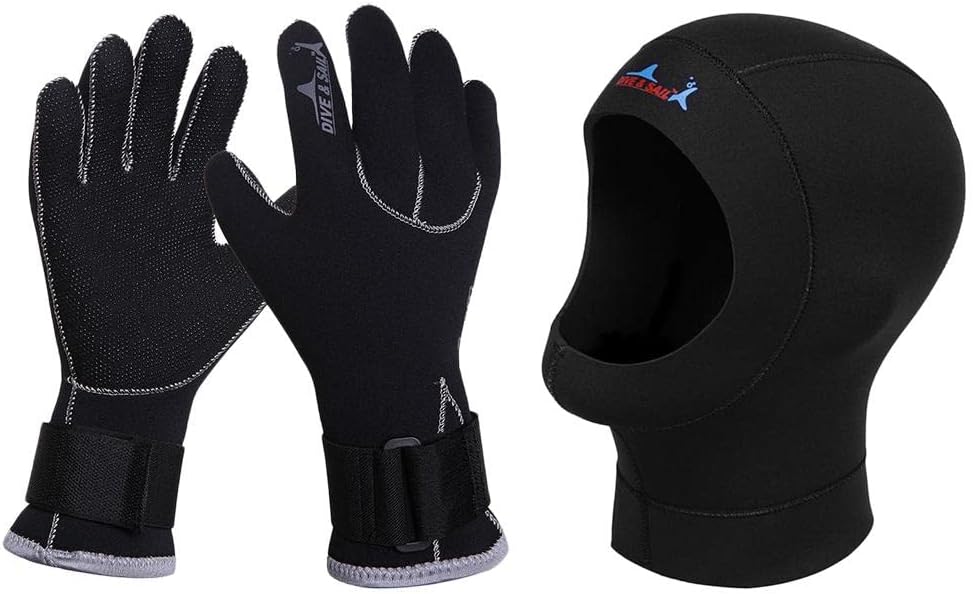 3MM Neoprene Diving Hood Gloves Set Warmth & ion, Snorkeling Scuba Dive Wetsuit Hat Gloves Combo for Men Women Surfing Watersports - M