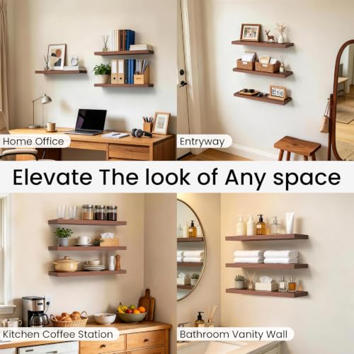 Image of BAYKA Walnut-Like Floating Shelves 22.5in, 3Pack, Wall Mounted Wall Decor | Easy Install, 22lbs Max Load, Hidden Bracket, Shelf for Bathroom Bedroom Kitchen Books Display Storage, Multi-Wall Compatible