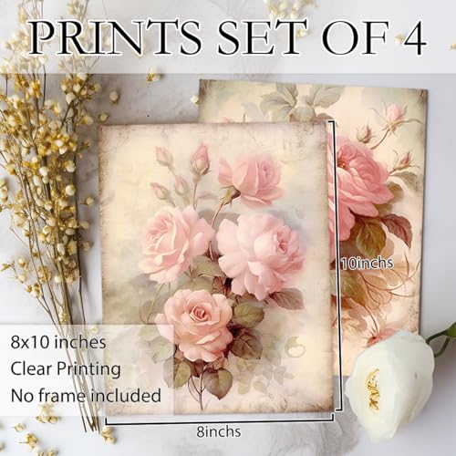 Image of laveliabel Vintage Pink Rose Wall Art Prints Set of 4 Unframed, Floral Wall Decor, Shabby Chic Pink Floral Botanical Poster Prints for Cottagecore Home Room Wall Decor 8x10 Inches