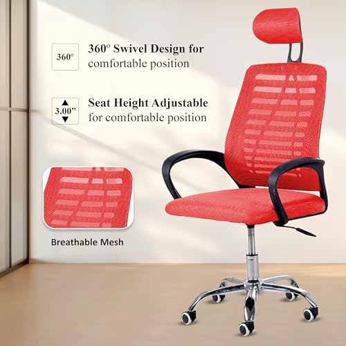 Image of Casa Copenhagen,Mesh Office Desk,Rocking, Ergonomic Computer Chair Adjustable High with Headrest and Comfortable Armrest Swivel Chair - Red & Dark Black Handle