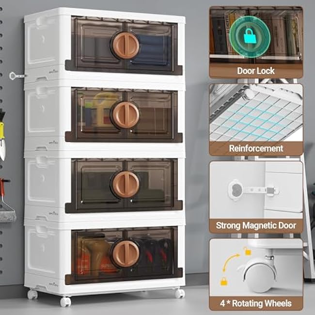 480Qt Lockable Stackable Storage Bins with Lids, Closet Organizers and Storage Drawer, Collapsible Storage Bin with Wheels, Plastic Cabinet for Toy Clothes Dorm Organizer, V9 4 Pack Brown