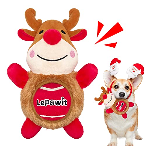 Lepawit Christmas Dog Toys, 2 in 1 Plush Squeaky Dog Toys for Medium and Large Dogs, Cute Reindeer & Detachable Ball, Interactive Outdoor Dog Training Toy, for Dogs