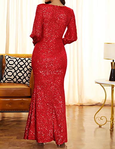 Image of Women's V Neck Long Sleeve Glitter Sequins Mermaid Evening Gown Dress