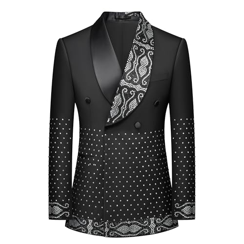 Kelaixiang Men's Black Blazer with Intricate Rhinestone & Sequins Design, Satin Notch Lapel, Double Breasted Suit Jacket