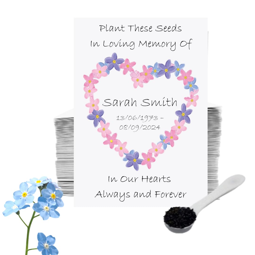 25 Funeral Forget Me Not Seed Packets – Personalised Remembrance Favour • Memorial Condolence Gifts for Guests • Celebration of Life Keepsake (Pink Heart Design)