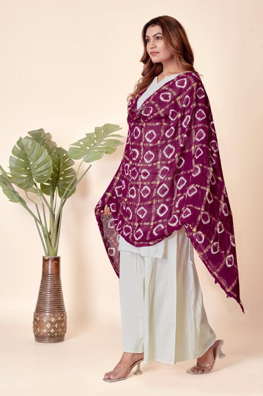 Image of Women Bandhani Dupatta | Traditional Chunri Print with Decorative Border | Lightweight Ethnic Stole for Festive and Wedding Wear