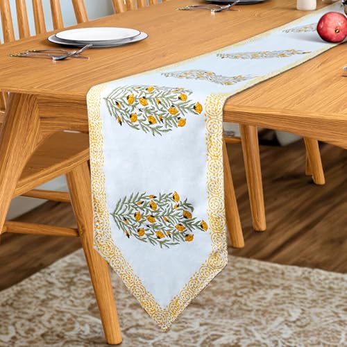 Image of Table Runner 100% Cotton Linen - Spring Block Print Collection - Elegant Boho Vintage Floral Farmhouse Decor - Dining Living Room Kitchen Bedroom - 72 inch 4 - 6 Seater - Yellow Bloom Sicily