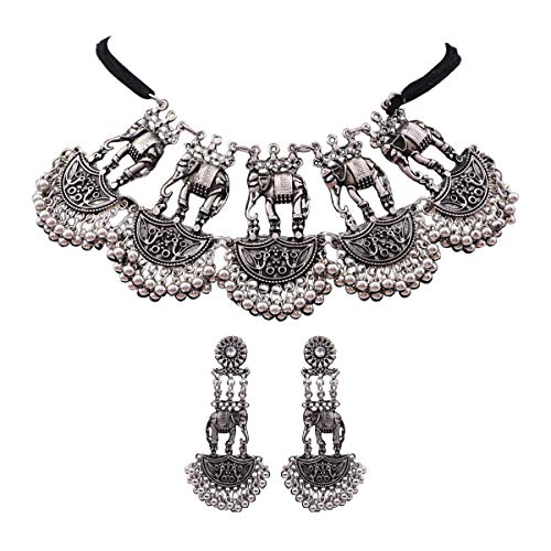 Aradhya Designer German Silver Oxidized Necklace Set with Earrings for Women