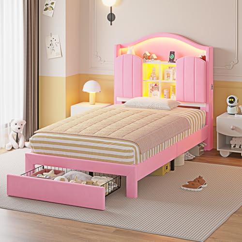 HAUOMS Twin Bed Frame with Drawer & LED Lights, Princess Velvet Upholstered Platform Bed for Girls, Headboard with Charging Station & Hidden Storage, No Box Spring Needed,Pink