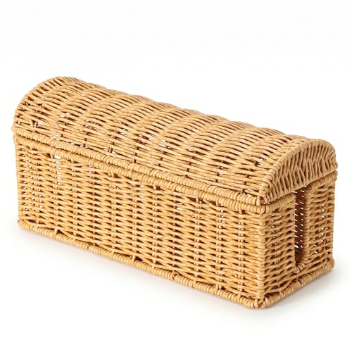 V-ZIYAZA Rattan Cable Management Box Ventilated Cord Hider with Flip Lid