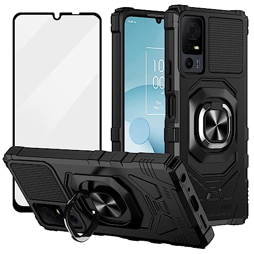 Ailiber for TCL 40 XL T608M Phone Case TCL 40T Case with Screen Protector Tempered Glass Ring Kickstand for Magnetic Car Mount Heavy Duty Shockproof Phone Cover for TCL 40XL/Jitterbug Smart 4-Black