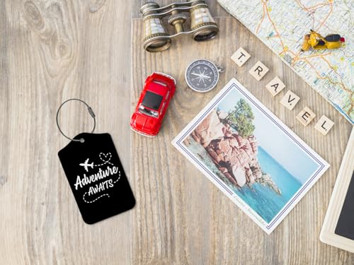 Adventure Awaits Luggage Tags for Suitcases,Travel Gift for Couples,Black 2 Pack Baggage Tag Label with Steel Loop,Funny Party Gifts,Handbag School Bag Backpack Traveling Accessories4