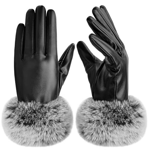 Tavaleu Womens Leather Gloves,Winter Black PU Leather Gloves for Women Touchscreen Fur Cuff Warm Soft Driving Texting Glove
