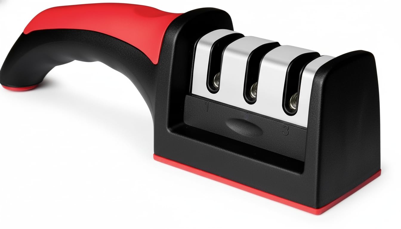 DTDF-Kitchen Knife Sharpener,3-Stage Kitchen Knife Sharpener – Manual Knife Sharpening Tool with Ceramic Stone & Tungsten Carbide Plates – Sharpens Knives for Home & Restaurant Use