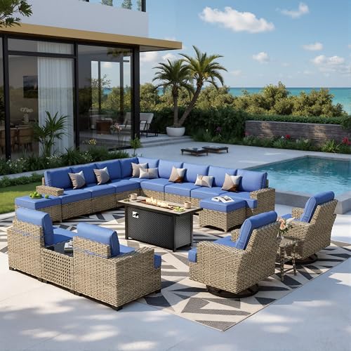 HOOOWOOO Sectional Patio Furniture Set with Fire Pit Table,17 Pieces