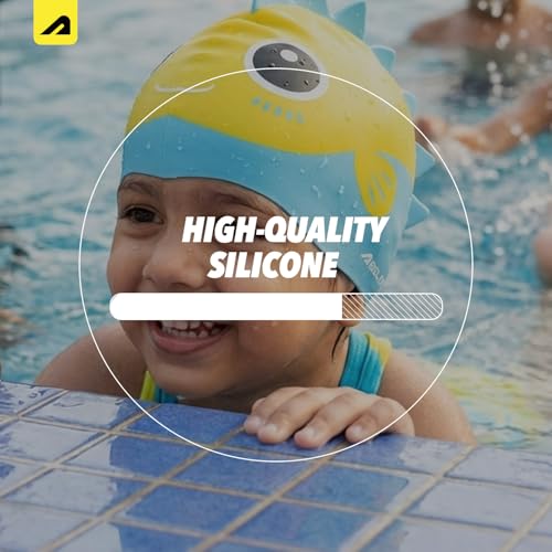 Image of Boldfit DinoSplash Kids Swimming Cap Fun Yellow & Blue Dinosaur Theme Non-Slip Silicone Swim Cap for Boys & Girls (Age 3-12)