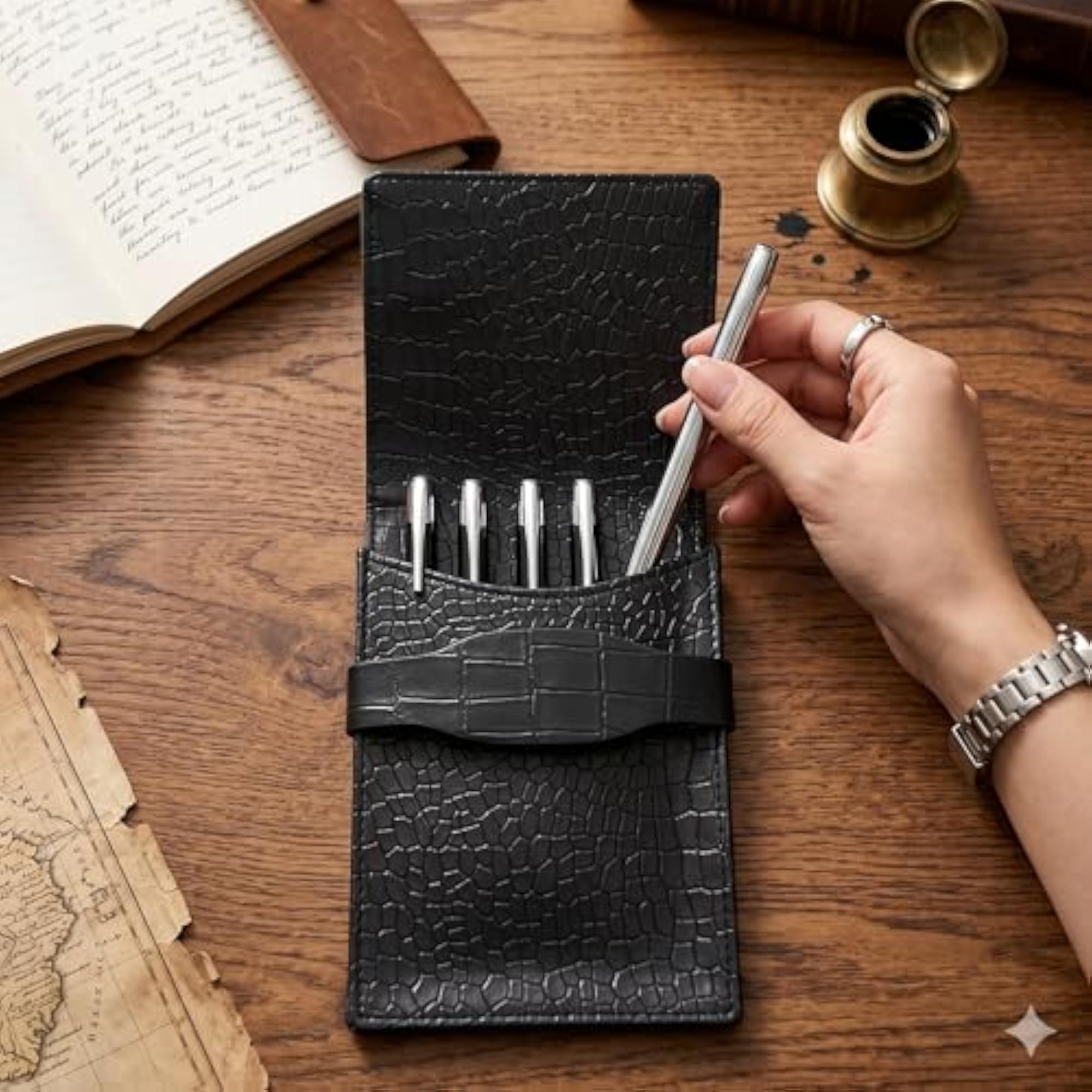 Premium 5 Slot Faux Leather Pen Pouch Organizer