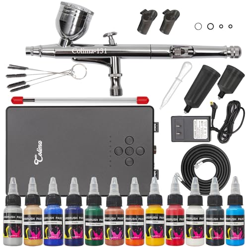 Colima Dual-Action Airbrush Kit with Compressor—55PSI High Pressure 7 Adjustable Settings 12 Paint Set & Cleaning Kit for Models, Miniatures, Hobby Art