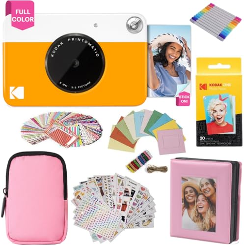 KODAK Printomatic cámara de impresión instantánea + Estuche Blando + Papel fotográfico Zink de 2 x 3 (Paquete de 20) + Álbum + Juegos de calcomanías + Marcos para calcomanías + Marcadores   Amarillo