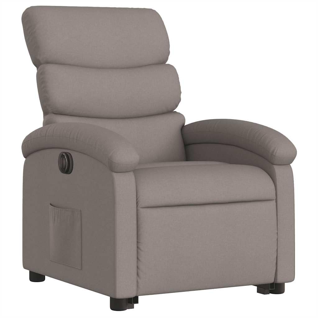 Sillón elevador eléctrico reclinable de tela color pardo con motor para elevación e inclinación automática a 135 grados, estructura estable y bolsillo lateral, asiento