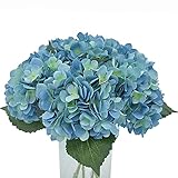 Blooming Paradise 5Pcs Artificial Fake Flowers Plants Silk Hydrangea 1 Flower Head Arrangements Wedding Bouquets Decorations Plastic Floral Table Centerpieces Home Kitchen Garden (Dark Blue)