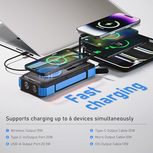 Image of Solar Charger Power Bank 49800mAh, 22.5W PD Fast Charging Portable Phone Charger Built-in 4 Cables with USB C, Wireless Charger for Phone, Dual Flashlights, Solar Battery Charger for Outdoor Camping