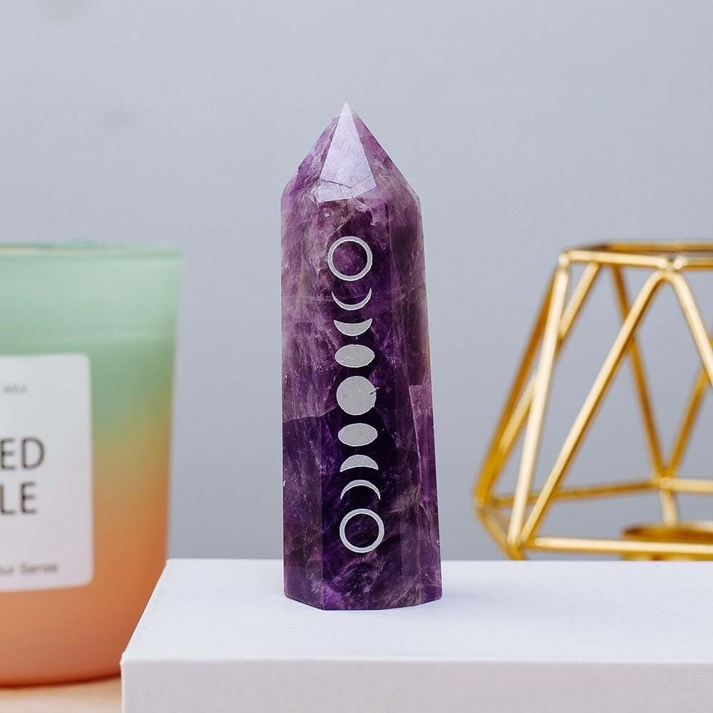 KJEBVHIRS 7-8cm Amethyst Point Tower Phase of The Moon Symbol Crystal Wand Rose Quartz Eclipse Crystal Column Home Dec Ornaments (Color : Amethyst)