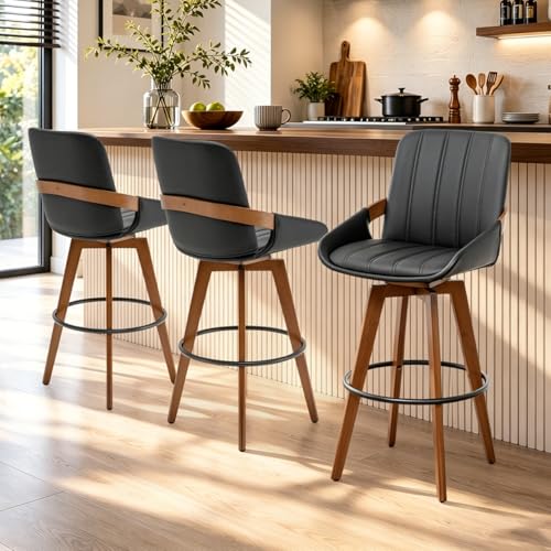 Image of AQG Bar Stools Set of 3, 29.5 Inch Mid Century Modern Bar Height Bar Chairs, Swivel Barstools with Walnut Craft, Faux Leather Upholstered Furniture for Island /Counter (Black, 29.5 inch-3 PCS)