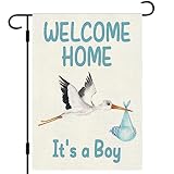 DLZDN Welcome Home Baby Boy Garden Flag Baby Shower Garden Flag 12×18 Inch Double Sided Burlap Flag Newborn Gender Reveal Lawn Yard Sign Stork Outdoor Decoration