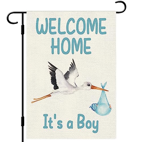 Image of DLZDN Welcome Home Baby Boy Garden Flag Baby Shower Garden Flag 12×18 Inch Double Sided Burlap Flag Newborn Gender Reveal Lawn Yard Sign Stork Outdoor Decoration