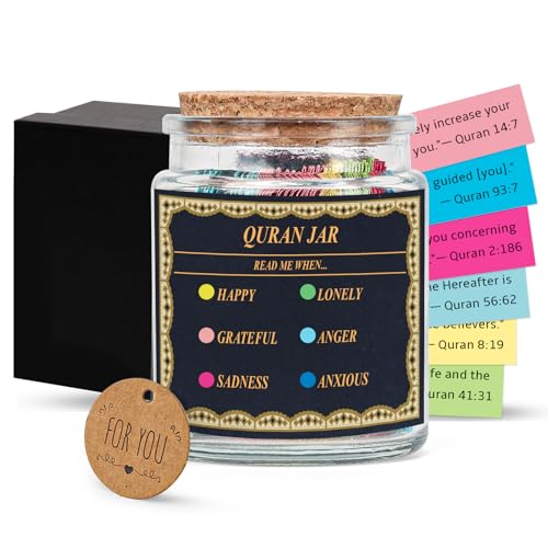 Quran Verse Jar with 90 Pcs English Verse Paper Ramadan Gifts Eid Decor Quran Prayer Jar Muslim Gift Set for Islamic New Year Decoration Muslim Women Kids Friends Spiritual Comfort Read