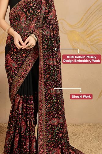Image of TRENDMALLS Women's Georgette Multi Colour Resham Thread Embroidery with Siroski work Saree with Unstitched Blouse Piece
