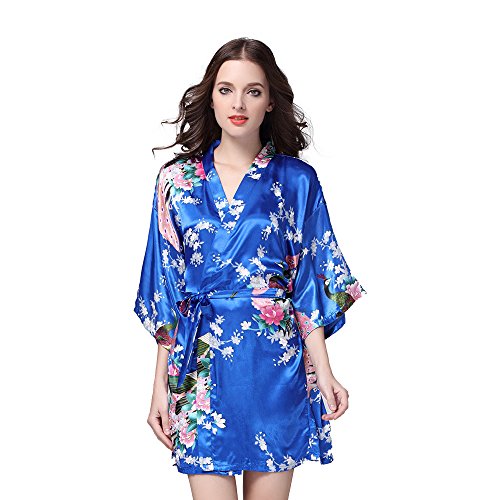 Deksias Women's Printing Peacock Kimono Robe Silk Robe (XL, Blue)