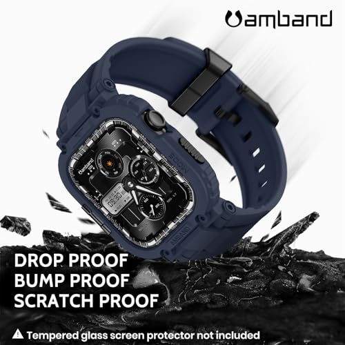 Image of amBand for Series 11 /10 Fits Apple Watch Bands Case 46mm Men, M1 Sport Durable Bumper compatible with iWatch 46 mm, Waterproof Gym Workout Accessories for Running Swimming Boating - Navy Blue