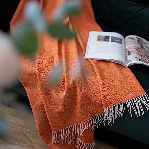 Linen & Cotton Clásica y Elegante Manta para Sofa de Lujo Stonewold -100% Pura Lana Merino, Naranja Blanco Natural (140 x 200 cm) Colcha de Cama Manta de Tiro Plaid Single Matrimonial de Lana Oveja