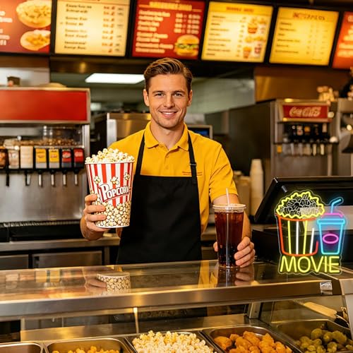 Image of Movie Neon Sign for Wall Decor, Movie Neon Light with Popcorn Drink, USB Dimmable Led Lights Signs for Film Room Cinema Game Room Man Cave Party