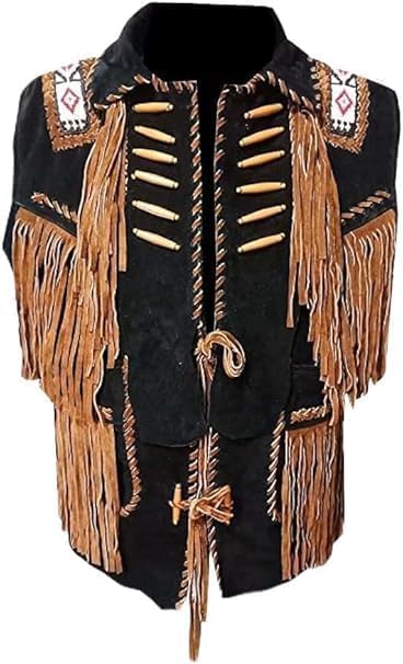 Western Suede Leather Vest Men Native American Fringe Vest Vintage Cowboy Waistcoats Tassels, Beads & Braid2