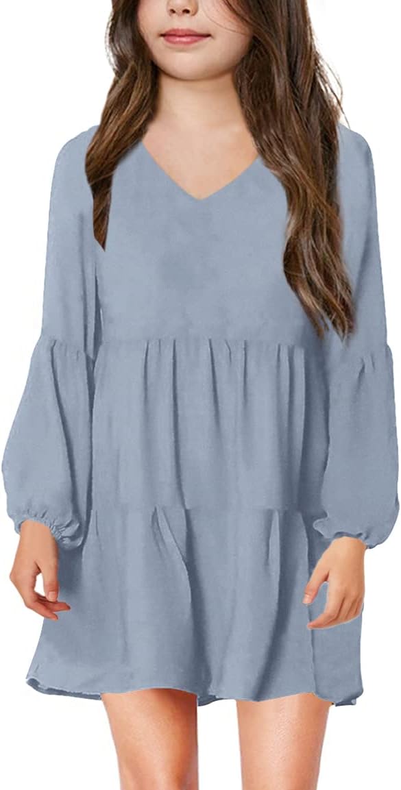 Imily Bela Girls Casual Tunic Dresses V Neck Long Short Sleeve School Party Swing Dress 5-14 Years