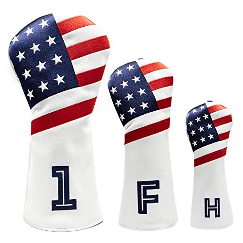 Golf Wood Head Covers Set USA American Flag Headcovers Stylish 1 Wood Driver Head Cover Fairway Golf headcvoer Hybird Covers Golf Club Wood Head Covers Gothic for M6 Black (3pcs/Set-White)