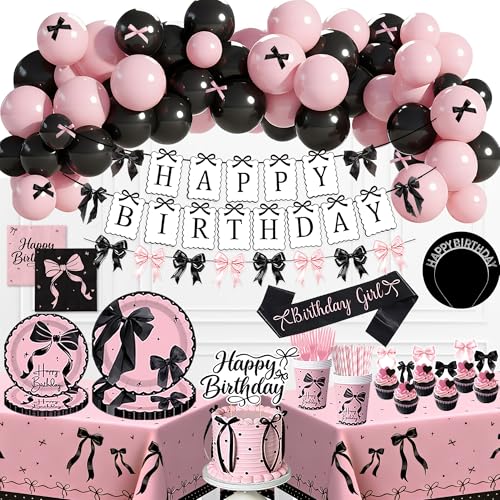 Pink Black Bow Birthday Party Decorations 237PCs Coquette Birthday Decorations Include Happy Birthday Bow Banner Balloons Bow Plates Napkins Cups Tablecloth for Girl (Pink and Black)
