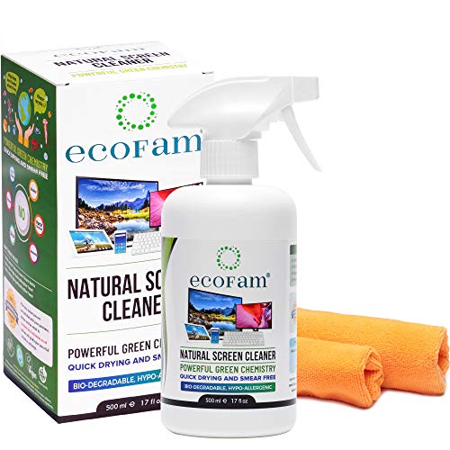 ecoFam Natürlicher Bildschirmreiniger Spray mit Zwei Premium Mikrofaser-Reinigungstüchern. Am besten geeignet für LCD, LED, HDTV, Fernseher, iPad, iPhone, Tablet, Smartphone und Laptops (500 ml)