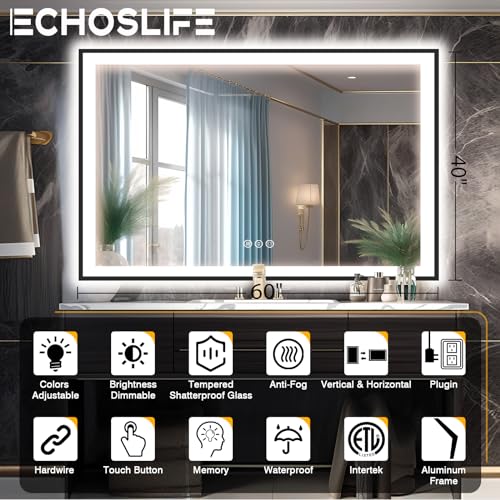60x40 LED Mirror for Bathroom - Matte Black Framed (Front and Backlit), Anti-Fog Vanity Mirror with Lights,Stepless Dimmable Lit Mirror,3 Colors Smart(Horizontal/Vertical)