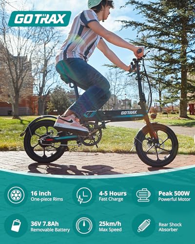 Gotrax EBE1 16" Folding Electric Bike, Max Range 40KM(Pedal-assist1), 25km/h by Peak 500W, Rear Suspension & Dual Mudguards, Commute Electric Bicycle with Adjustable Handlebar & Seat for Adult/Teens - Image 2