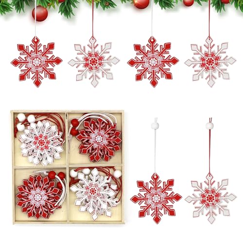 Christmas Snowflakes Ornaments, Wooden Christmas Tree Decorations, 12Pcs Snowflake Wooden Pendants Decorations, Red & White Snowflke Xmas Tree Ornaments for Xmas Party Accessories Y9HBXHGJ