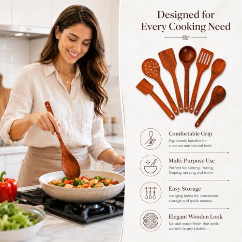 Image of SIGNAMIO 7-Piece Wooden Spatula Set for Cooking, Natural Sheesham Wood Kitchen Utensils Set, Non-Stick Safe Cooking Tools, Turner, Ladle, Slotted Spatula & Serving Spoon Set for Kitchen