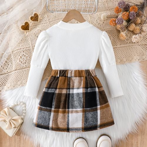 Image of Noubeau Toddler Girls Plaid Outfits Girls Puff Sleeve Knit Ribbed Shirt Tops Plaid Skirt Set Kids Fall Winter Clothes