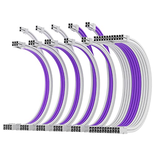AsiaHorse Cable de alimentación enfundado, 16 AWG, kit de cable de extensión PSU para conector blanco, 1 x 24pin/2x4+4 EPS/3x6+2 PCI-E, 30 cm de longitud con peines blanco y morado Cover