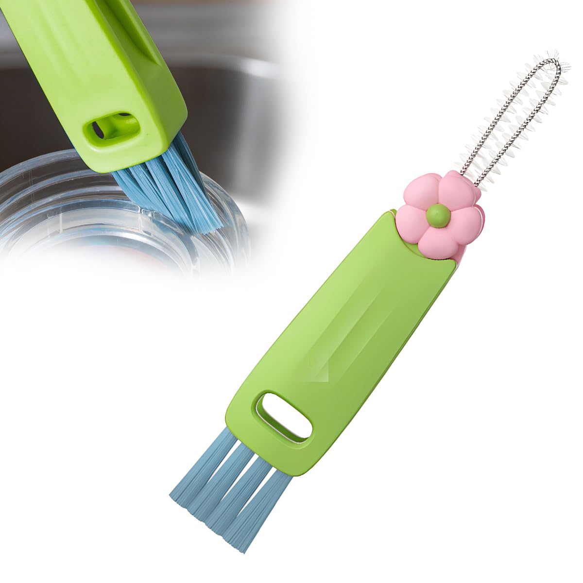 3 in 1 Cup Lid Cleaning Brush, Multifunctional Insulation Bottle Cleaning Tool, Crevice Cleaning Brush for Bottle Gap Tight Spaces Cup, Universal Cute Car Accessories (Green)